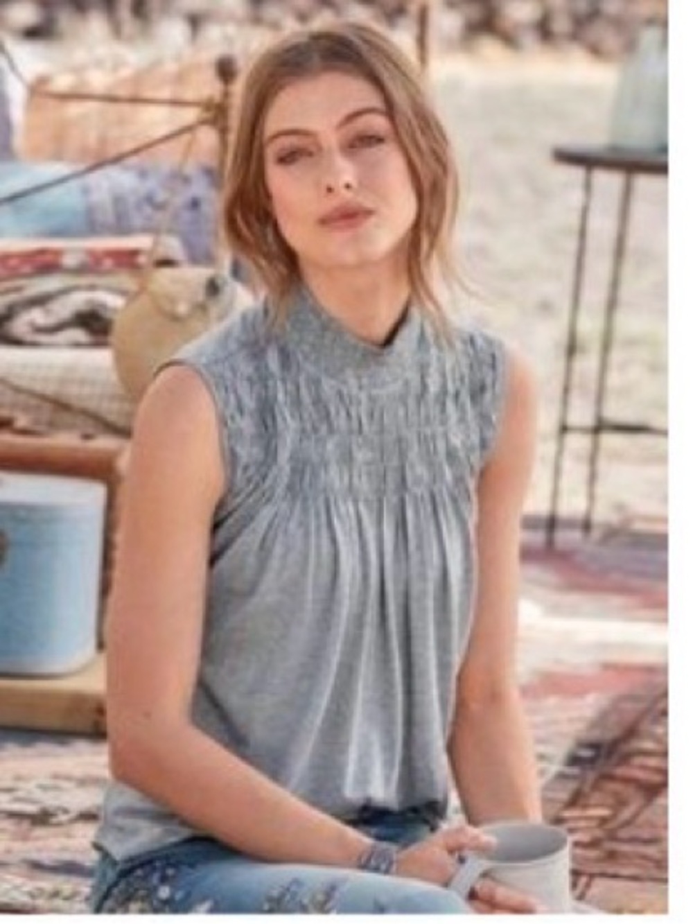 Sundance Heather Gray Smocked Mock Neck Tank Top